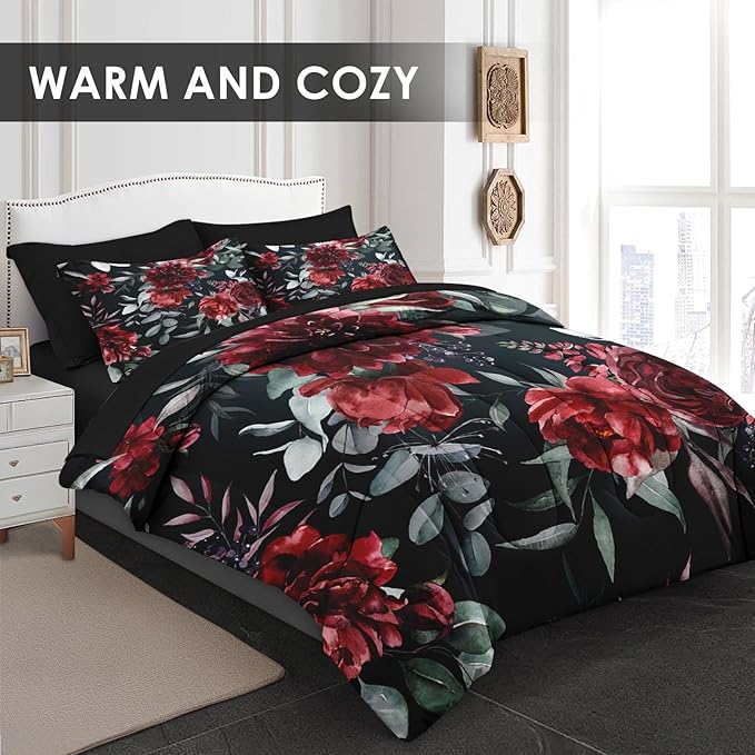 Comforter Set King Size, Floral Green Leaves 7 Pcs Bedding for Kids and Adults, Burgundy Maroon Pink Bed Sheet Sets with Fitted Sheet 2 Pillowcases & 2 Shams for Bedroom Bed Decor