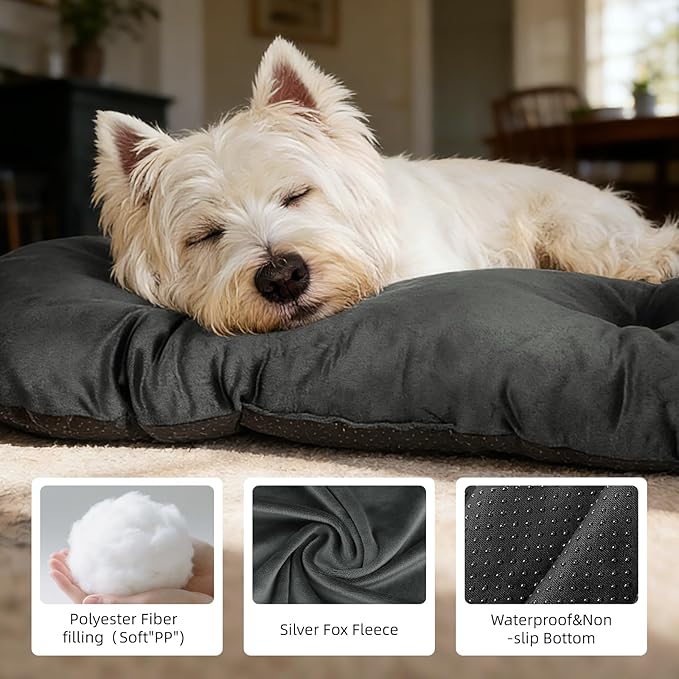 Dog Bed for Small Dogs & Cats 23”x17”, Non-Slip Washable Faux Silver Fox Fur Crate Pad, Durable Oval Pet Mat,Dark Grey