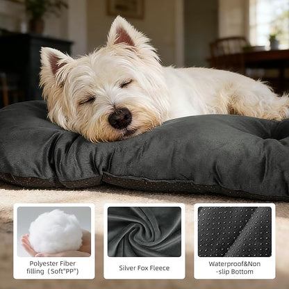 Washable Large Dog Bed 35x22 Inch - Silver Fox Faux Fur Supportive Pad, Non-Slip Bottom Durable Oval Pet Bed Indoor Outdoor for Medium Dogs Cats(Dark Grey)