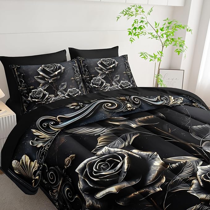 Comforter Set Queen Size Bed 7 Piece Roses，Black Queen Quilt Bedding Set Roses，Rose Bedroom Decor for Bed，(1 Comforter, 1 Flat Sheet, 1 Fitted Sheet, 2 Pillowcase and 2 Pillow Sham)
