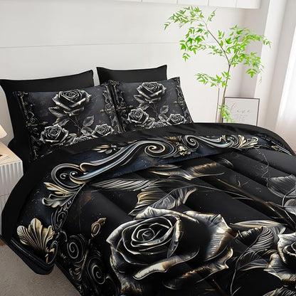 Comforter Set Queen Size Bed 7 Piece Roses，Black Queen Quilt Bedding Set Roses，Rose Bedroom Decor for Bed，(1 Comforter, 1 Flat Sheet, 1 Fitted Sheet, 2 Pillowcase and 2 Pillow Sham)