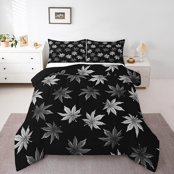 Erosebridal Silver Leaves Comforter Set King, Leaves Bedding for Kids Boys Girls,Tropical Botanical Bedding Comforter Sets,Exotic Plant Down Comforter,Luxury Soft