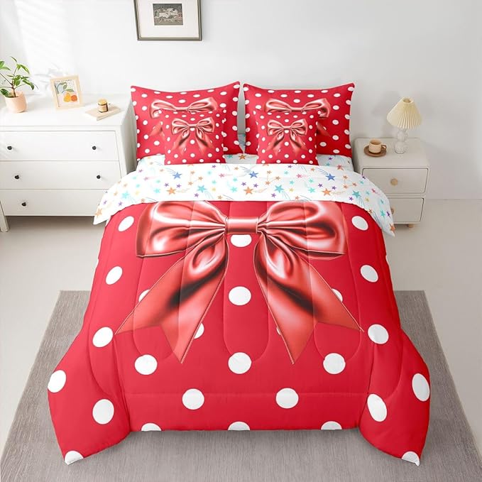 Feelyou Red Bowknot 7 Piece Bedding Set Polka Point Comforter Set with Sheets for Kids Boys Girls Cute Bow Bed in a Bag Princess Theme Bed Set Soft Lightweight