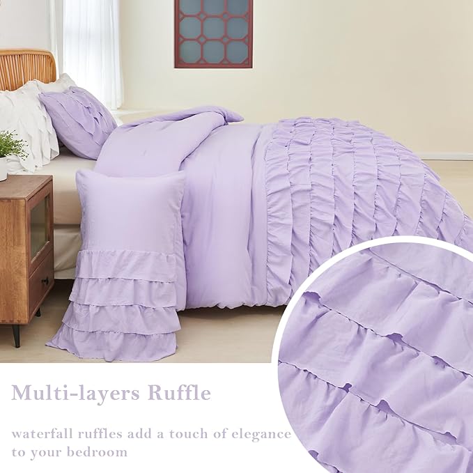 PERFEMET Lavender Comforter Set Queen Size, 3 Pieces Multi Layers Ruffle Bedding Set for Girls Kids, Washed Microfiber Princess Bed Set, Farmhouse Boho Preppy Bedding Set (Purple,Queen)