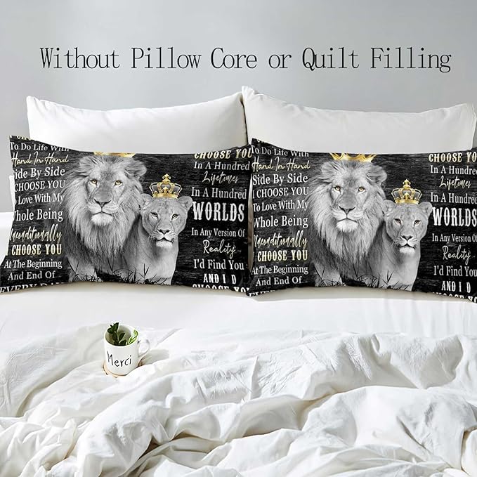 VIVIHOME 3PCS Lion King & Lion Queen Bedding, Duvet Cover Full, Black Bedding, African Safari Wild Animal Comforter Bedspread Quilt Cover, Bedroom Decor for Couples Gifts, I Choose You, 2 Pillowcases