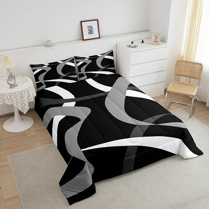 Erosebridal Black White Grey Bedding Comforter Sets Dark Gray Striped Abstract Bedding Set Full for Boys Teen Men Geometric Stripes Down Comforter Modern Fashion Quilt Duvet
