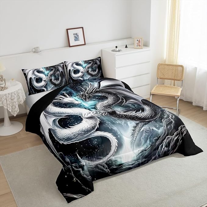 Erosebridal Dragon Queen Size Bedding Set, West Wildlife Comforter Set for Teens Adult Youth Men Room, Ancient Animal Down Comforter for All Seasons, Black White