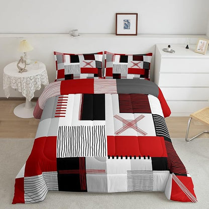 Erosebridal Red Grey Comforter Set Full for Kids Boys Teen Black White Abstract Bedding Set Modern Fashion Room Decor Geometric Square Quilt Grids Checkered Duvet Insert 3 Pcs