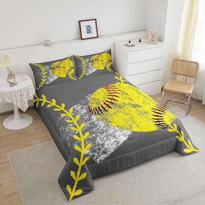 Erosebridal Softball Comforter Set for Kids Boys Girls,Yellow Baseball Bedding Set King,Graffiti Watercolor Ball Game Duvet Insert Bedroom Decor,Young Man Sports Down Comforter with 2 Pillowcases