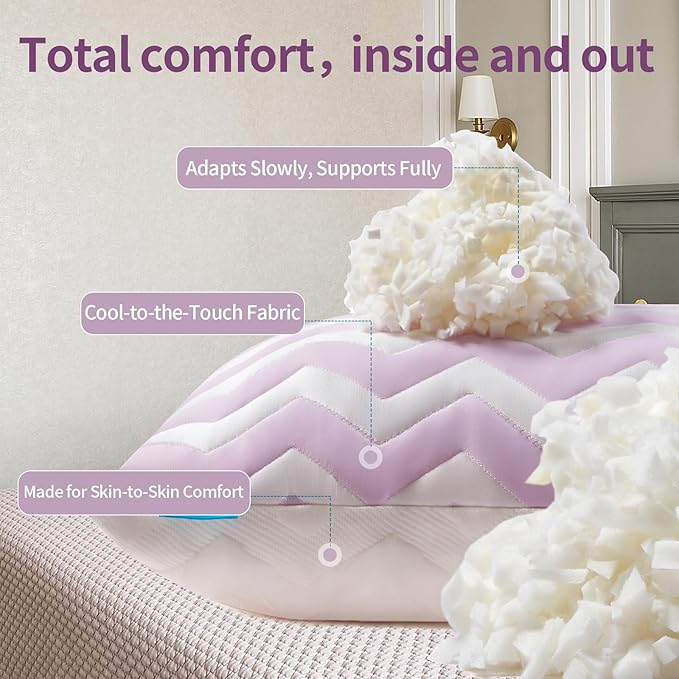 Dreamara Cooling Bed Pillows Queen Size Set of 4 – Adjustable Loft Shredded Memory Foam Pillows for Side, Back & Stomach Sleepers, Supportive & Breathable for Hot Sleepers (Mauve)