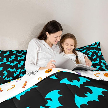 Erosebridal Cyan-Blue Bat King Bedding Set Halloween Bat Comforter Set Spooky Goth Gothic Animal Bed Collections Horror Halloween Duvet Quilt Sets for Kids Teens Adults