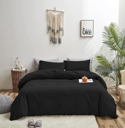 Wellboo Black Comforter Full Size Solid Color Bedding Set Soft 3 Pieces Dark Black Quilt Comforters Lightweight All Seasons Minimalist Design Bedding for Women Men Vintage Bedding