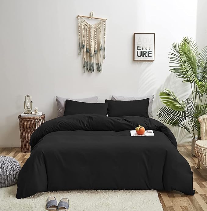 Wellboo Black Comforter California King Solid Color Bedding Set Soft Cal King Dark Black Quilt Comforters Lightweight All Seasons Minimalist Design Bedding for Women Men Vintage Bedding