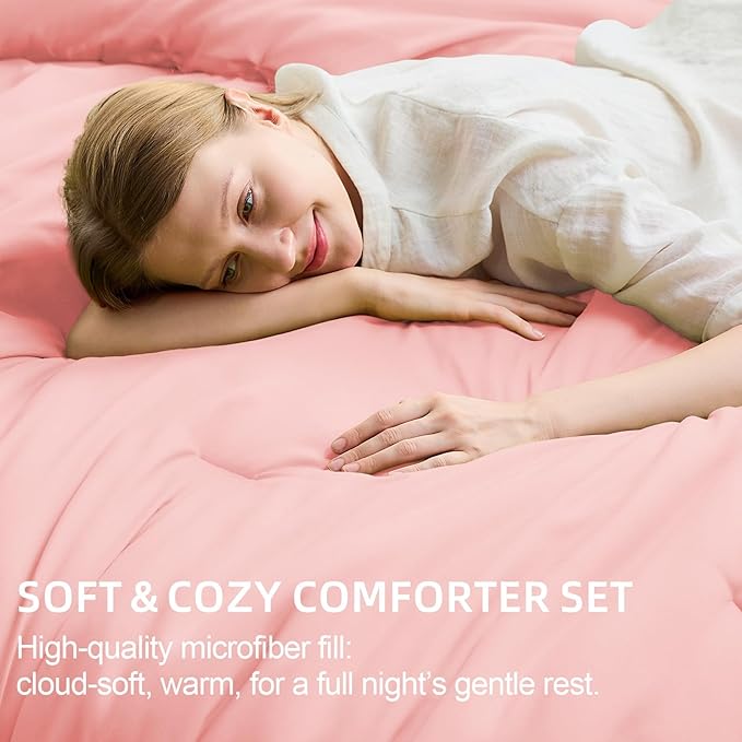 FUANNA Full Size Comforter Sets Pink, 7 Pieces Soft Bed in a Bag Full, All Season Lightweight Bed Sets with Comforter, Flat Sheet, Fitted Sheet, Pillowcases & Shams