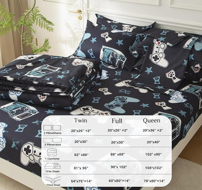 SDY 7PCS Full Gaming Console Comforter & Sheet Set，Soft Cute Gamer Microfiber Bedding for Kids, Boys & Toddlers Room Decor, Includes 1 Comforter, 1 Flat&Fitted Sheet, 2 Pillowcases & 2 Pillow Shams