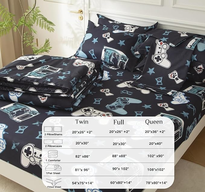 SDY 7PCS Twin Gaming Console Comforter & Sheet Set，Soft Cute Gamer Microfiber Bedding for Kids, Boys & Toddlers Room Decor,Includes 1 Comforter, 1 Flat&Fitted Sheet, 2 Pillowcases & 2 Pillow Shams
