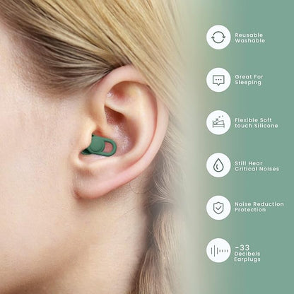 Silicone Ear Plugs for Noise Reduction - Reusable Soft Comfortable Earplugs for Sleeping,Noise Sensitivity & Flights -16 Ear Tips in XS/S/M/L, with 2 Travel Boxes - 33dB Noise Cancelling (Olive Green)