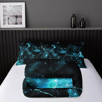 Blue Comforter Set Full Size，Blue Marble Bedding Set 3 Pcs Bedding for Adults, Marble Room Decor with Comforter and 2 Pillowcases Soft and Lightweight B-Side Black