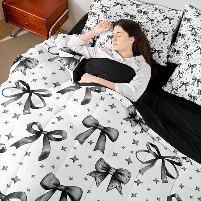 Erosebridal Bow Girls Cute Black Full Comforter Set 7 Pieces | Starry Bed in A Bag for Bedroom Bowknot Kawaii Bedding Set with Comforters Princess Room Decor
