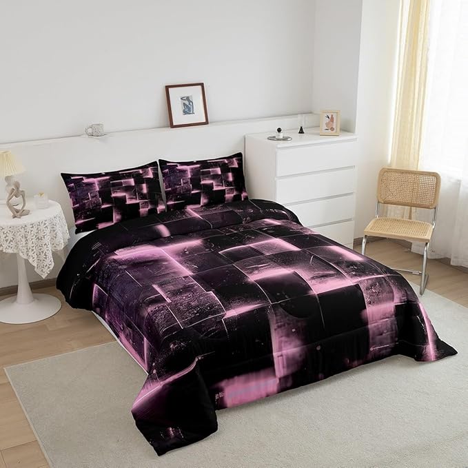 Pink and Black Bedding King 3D Glowing Buffalo King Comforter Set, Modern Abstract Art Bedding Comforter Sets Geometric Plaid Duvet Insert, Gradient Futuristic Cubes Down Comforter (Black Reversible)