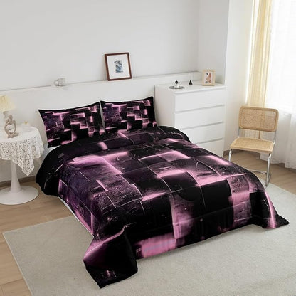 Pink and Black Bedding King 3D Glowing Buffalo King Comforter Set, Modern Abstract Art Bedding Comforter Sets Geometric Plaid Duvet Insert, Gradient Futuristic Cubes Down Comforter (Black Reversible)