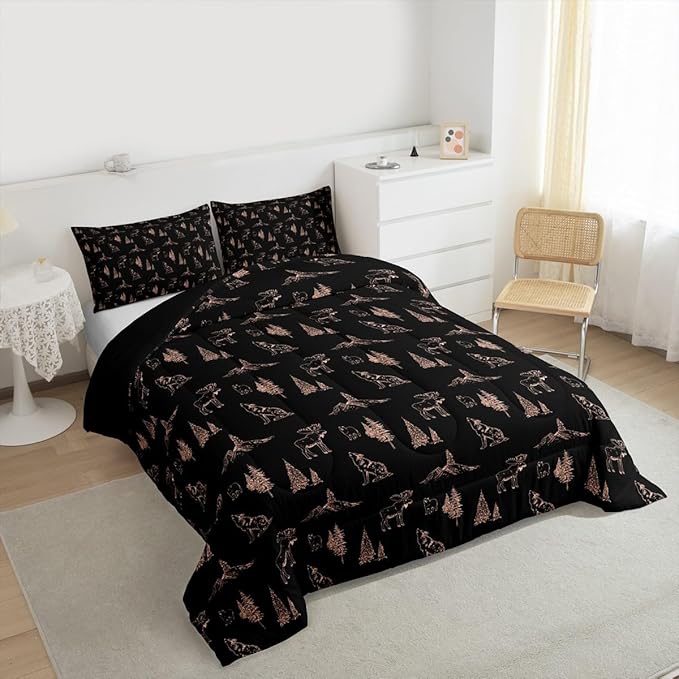 Erosebridal Woodland Animals Comforter Set Twin Size Bear Deer Wolf Hunting Theme Bedding Set for Kids Child | Rustic Cabin Lodge Decor Duvet Insert Farmhouse Wildlife Mountain Black Brown Quilt