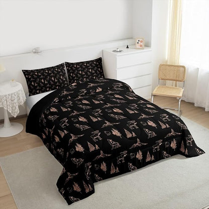 Erosebridal Woodland Animals Comforter Set Twin Size Bear Deer Wolf Hunting Theme Bedding Set for Kids Child | Rustic Cabin Lodge Decor Duvet Insert Farmhouse Wildlife Mountain Black Brown Quilt