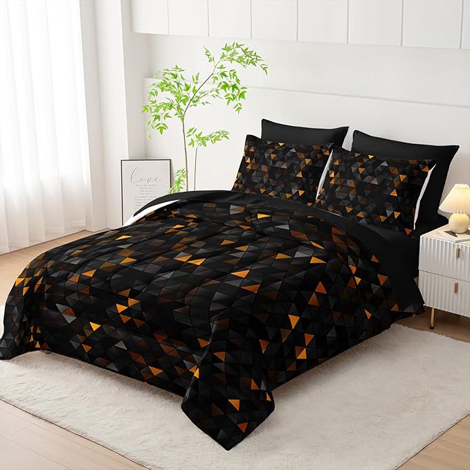 Geometric Yellow Black Triangle Full Size Comforter Set,Light Honeycomb Bedding Set 7 Piece in A Bag,Bed Sheet Set Geometry Decor,Microfiber Lightweight All Season
