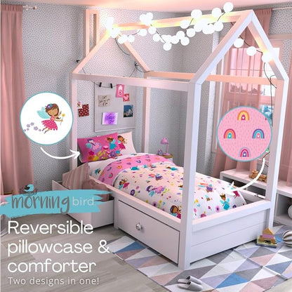 Morning Bird Princess Fairy Kids Bedding Super Soft & Cozy Reversible Microfiber Comforter and Sheet Set with Sham, 5 Piece Twin Size, by Franco
