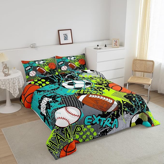 Feelyou Baseball Games Comforter Set Toddler Size Football Comforter for Boys Girls Teens Rugby Sports Bedding Set Basketball Duvet Set Room Decor Teal Bright Green Mixed Ball Quilt Set