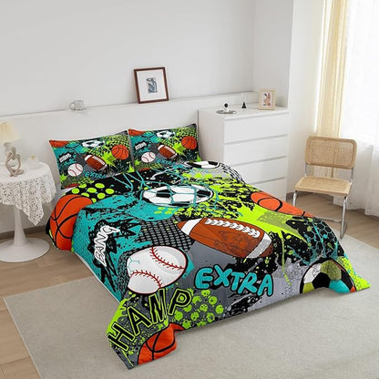 Feelyou Baseball Games Comforter Set King Size Football Comforter for Boys Girls Teens Rugby Sports Bedding Set Basketball Duvet Set Room Decor Teal Bright Green Mixed Ball Quilt Set
