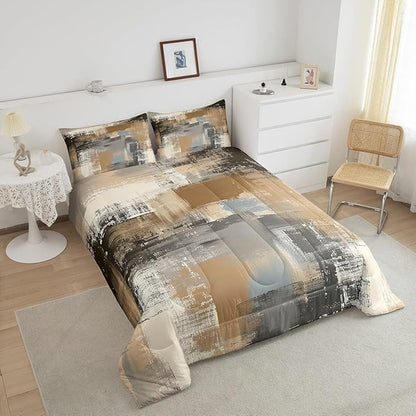 Graffiti Grunge Comforter Set,Brown Grey Tie Dyed Bedding Sets for Women Men,Hand Painted Watercolor Duvet Insert Lightweight,Ombre Oil Painting Down Comforter with 2 Pillowcases Warm,King