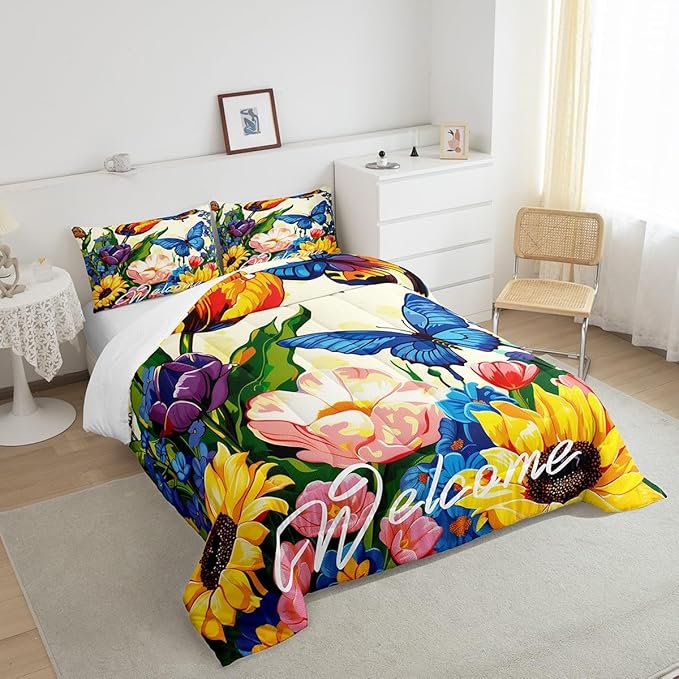 Erosebridal Watercolor Flowers Down Comforter King Sunflower Butterfly Comforter Set Retro Rustic Garden Style Floral Bedding Set for Teen Girls Women Boho Exotic Blossom Quilt Duvet 3 Pcs