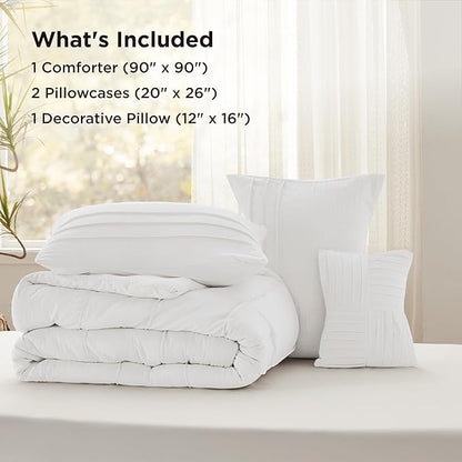 Bedsure White Queen Comforter Set - 4 Pieces Pinch Pleat Bed Set, Down Alternative Bedding Sets for All Season, 1 Comforter, 2 Pillowcases, 1 Decorative Pillow