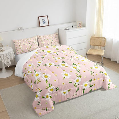 Manfei Daisy Comforter Set King Size, Yellow White Flower Quilt Set with 2 Pillowcases, Botanical Garden Artwork Bedding Set 3pcs for Kids Boy Girls Bedroom Decor Lightweight Duvet Insert
