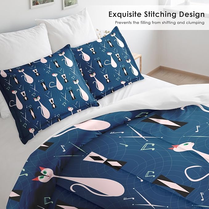 Comforter Set Twin Size, Musical Cat Blue 2 Pcs Soft Bedding Set for Kids and Adults, Pink Green Mid Century Comforter Set with Pillowcase, for Bedroom Bed Decor