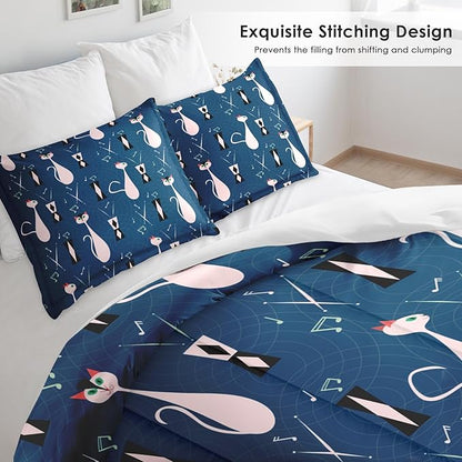 Comforter Set Twin Size, Musical Cat Blue 2 Pcs Soft Bedding Set for Kids and Adults, Pink Green Mid Century Comforter Set with Pillowcase, for Bedroom Bed Decor