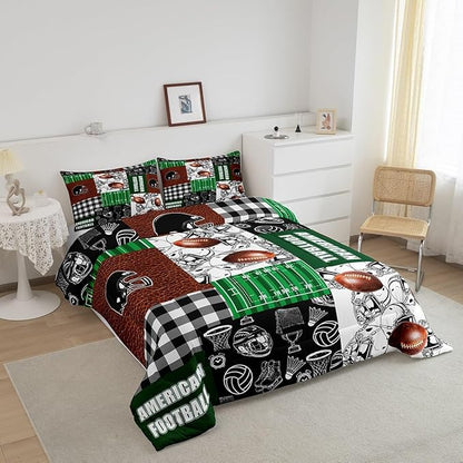 Feelyou Rugby Comforter Set Queen Size Soccer Ball Game Comforter for Boys Girls Teens Football Bedding Set Gift for Football Lover Duvet Set Green Brown Black Quilt Set
