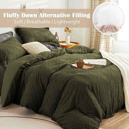 Nanko Queen Size Comforter Set Olive Green Tufted Jacquard Boho Geometry Soft Shabby Chic Down Alternative Microfiber Bedding - All Season Duvet Modern Farmhouse Bed Set Women Men 90x90 3pc Dark Green