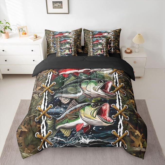 Camo Bedding Set Queen Bass Pike Fish Bed in a Bag Queen Comforter Set 7 Piece | Mens Hunting Country Comforter and Sheet Set, Woodland Animals Camouflage Cabin Bed Sets,Rustic Farmhouse Decor