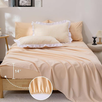 A Nice Night Comforter Twin Size,Khaki Ruffle Comforter for Dorm Room Essentials for Twin Bed,Plaid Checkered Chic Bedding Bed in a Bag for Girls