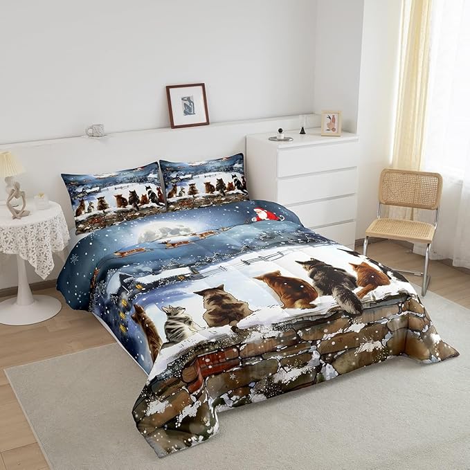 Merry Christmas Bedding Set Full Size,Watercolor Cat Comforter Set 3Pcs for Kids Girls Boys Teens Room Decor,Santa Clause Sleigh Quilt Set Funny Winter Painting Art Duvet Insert,2 Pillowcases