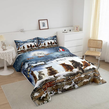 Merry Christmas Comforter Set Queen Size,Watercolor Cat Bedding Set 3Pcs for Kids Girls Boys Teens Room Decor,Santa Clause Sleigh Quilt Set Funny Winter Painting Art Duvet Insert,2 Pillowcases
