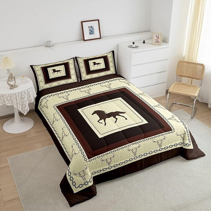 Feelyou Horse Comforter Set for Girls Boys Kids King Size Western Decor Comforter Room Decorative Wild Western Cowboy Longhorn Skull Rodeo Cowboy Style Bedding Set Brown Duvet Set 3Pcs Quilt Set
