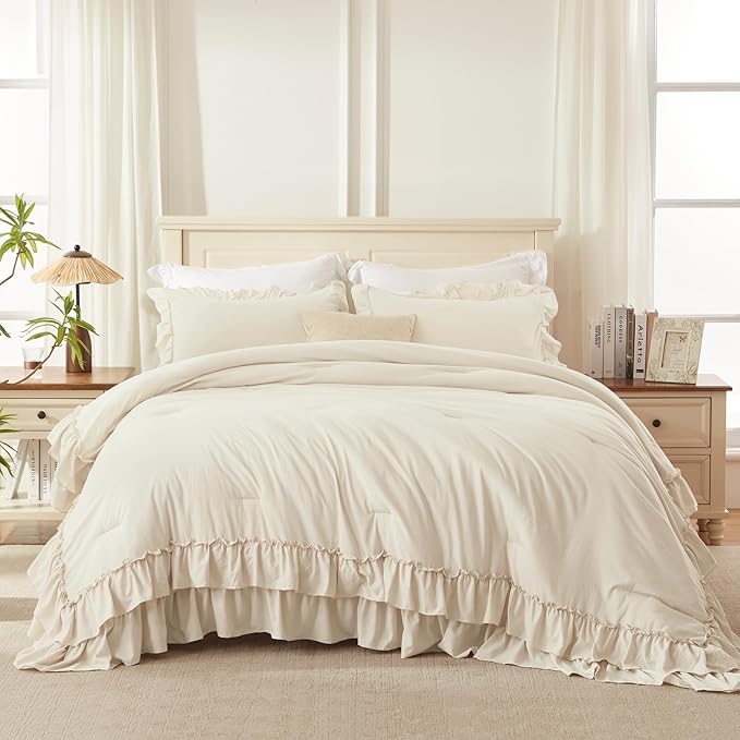 Andency Beige Twin Size Comforter Set, 2 Pieces Boho Lightweight Fluffy Ruffle Bedding Set & Collections, All Season Soft Microfiber Farmhouse Shabby Chic Bed Set for Kids (66x90In Comforter)