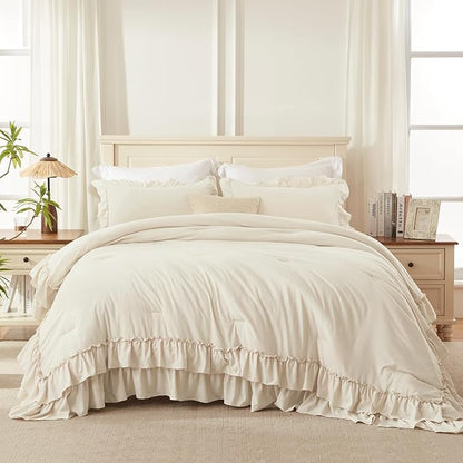 Andency Twin XL Ruffle Comforter Set, 2 Pieces Shabby Chic Farmhouse Bedding Set, Lightweight Soft Comforter Set 68×92In for Girls Women (1 Comforter 1 Pillowcase), Beige