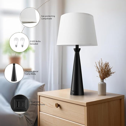 Seealle Single Modern Table Lamp - Touch Bedside Lamp for Nightstand with USB Dual C+A,3-Way Dimmable Black Nightstand Lamp for Living Room Bedroom End Table(Bulb Included)
