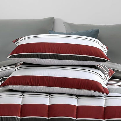 Monbix King Size Comforter Set - 7 Pieces Bed in a Bag King, Red and Black-Stripe Bedding Sets, All Seasons Comforter Bed Set with Sheets, Pillowcases & Shams