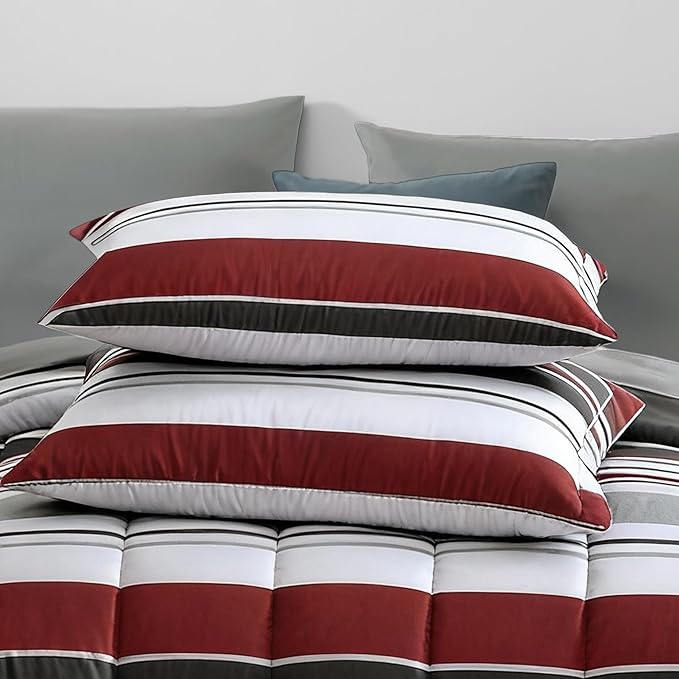 Monbix Full Size Comforter Set - 7 Pieces Bed in a Bag Full, Red and Black-Stripe Bedding Sets, All Seasons Comforter Bed Set with Sheets, Pillowcases & Shams
