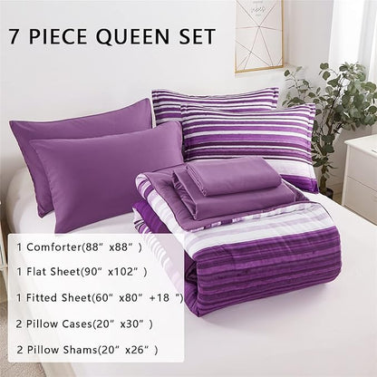 KAKIJUMN 7 Piece Bed in a Bag Stripe Comforter Set Queen Size, White and Purple Patchwork Striped Comforter and Sheet Set, All Season Soft Microfiber Complete Bedding Sets(Purple,Queen)